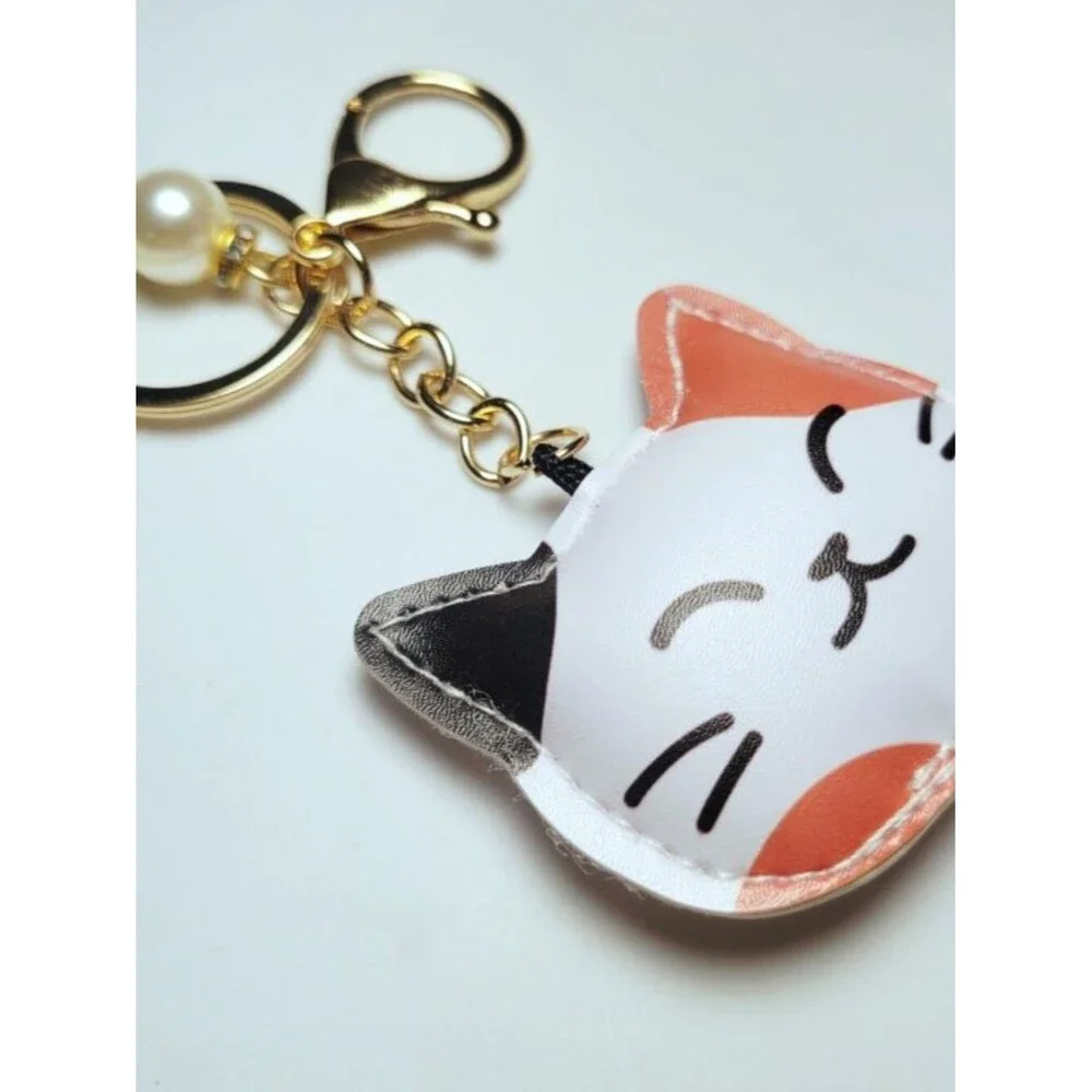 NWT Asian Chinese Cat Large Leatherette Keychain Bag Charm MEOW Orange And White
